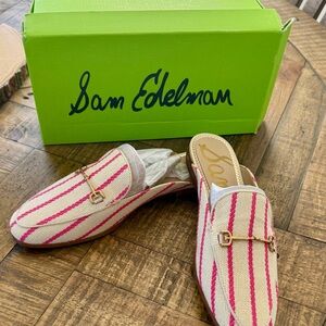 New Sam Edelman Linnie Bit Slip On Mules Sz 7 Taffy Pink Stripe Canvas